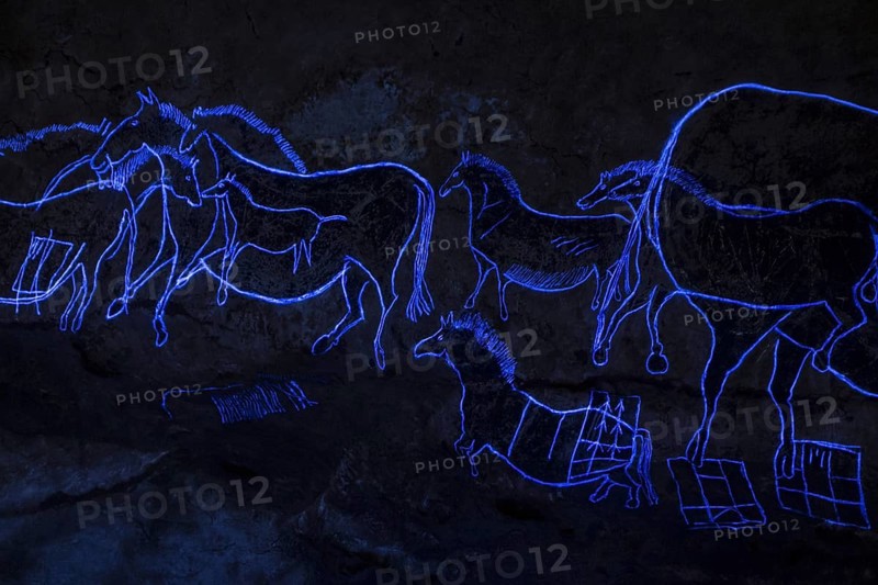 Replica of part of the Lascaux cave showing with black light prehistoric animals incised in the rock at the Le Thot museum, Thonac near Montignac, Dordogne, France, Europe