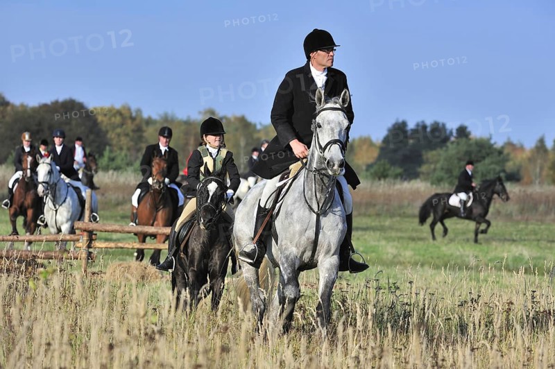 Hunters on horseback follow an artificial scent during drag, trail hunting in autumn, an alternative to fox hunting