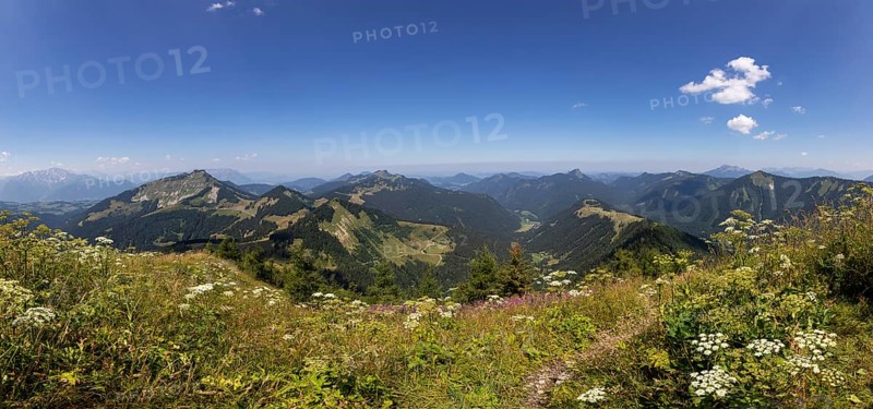 Panorama photo, mountain landscape, view from the Regenspitz to the Bergalm and Feichtensteinalm, Hintersee, Osterhorngruppe, Salzkammergut, province Salzburg, Austria, Europe