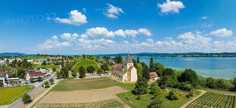 Aerial panorama of the Church of St. George, Oberzell, Reichenau, UNESCO World Heritage Site, Constance County, Baden-Württemberg, Germany, Europe