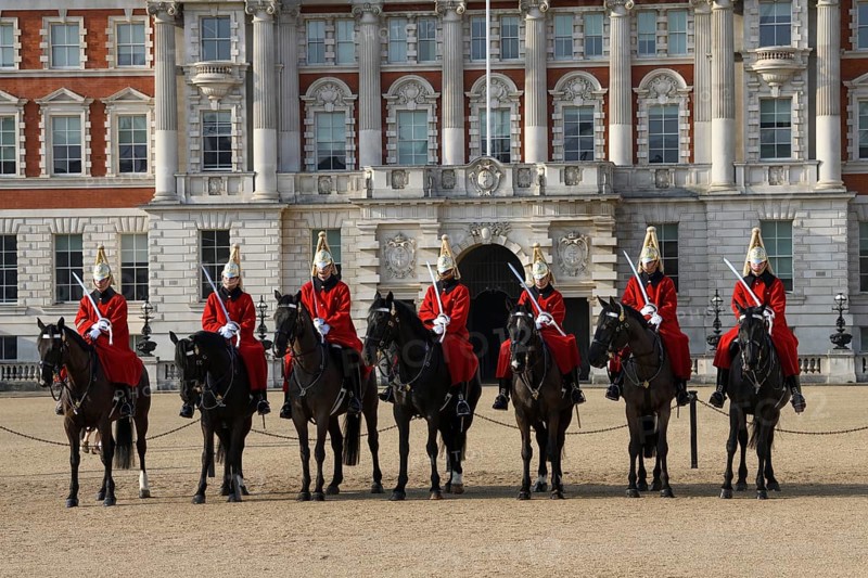 Parade of Horse Guards, soldiers of the Household Cavalry Mounted Regiment, White Hall, Westminster, London, England, Great Britain