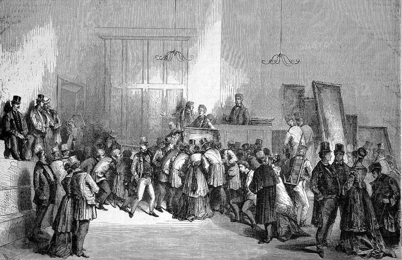 A sale of paintings at the auction house, 1869, Paris, France, Historic, digitally restored reproduction of an original 19th century painting, exact original date unknown, Europe