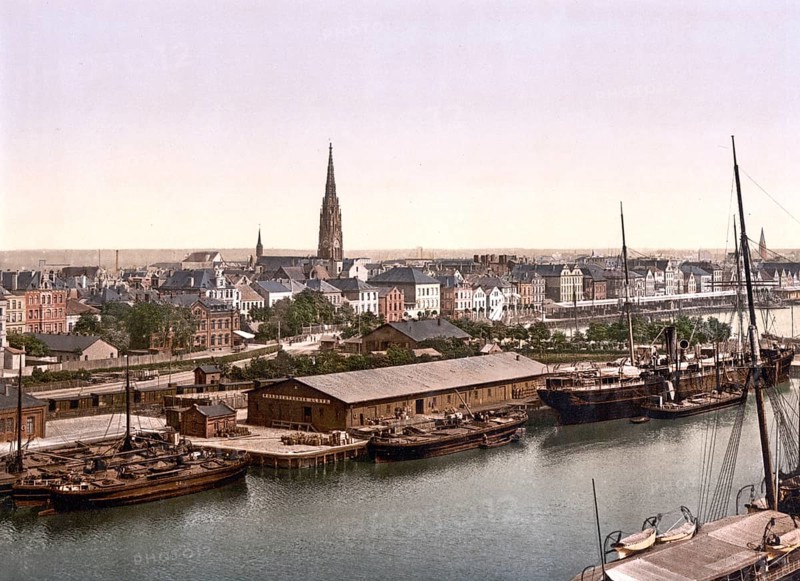 View of Bremerhafen, Bremerhaven, seen from the lighthouse, harbour, Historic, digitally enhanced reproduction of a photochrome print from 1898