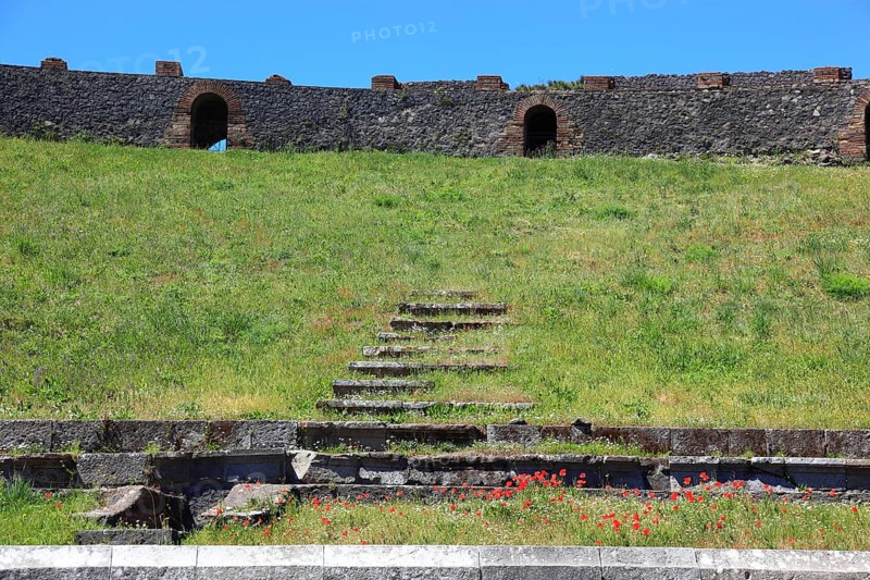 Remains of the audience tiers, steps, The Theatre, Pompeii, ancient city in Campania on the Gulf of Naples, buried during the eruption of Mount Vesuvius in 79 AD, Italy, Europe