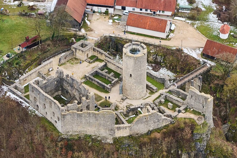 Aerial view of the area around Neumarkt and the castle ruins of Wolfstein, Upper Palatinate, Bavaria, Germany, Europe