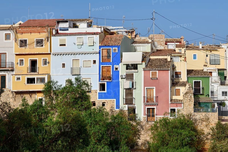 Colourful house facades, La Vila Joiosa, Villajoiosa, Costa Blanca, Valencian Country, Spain, Europe