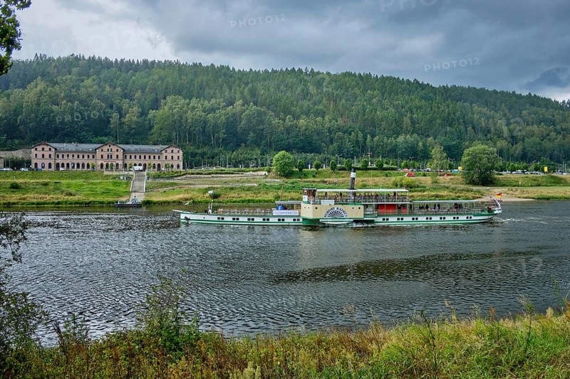 The steamboat Kurort Rathen on the Elbe during a thunderstorm, at the height of Prossen, Bad Schandau, Saxon Switzerland, Saxony, Germany, Europe