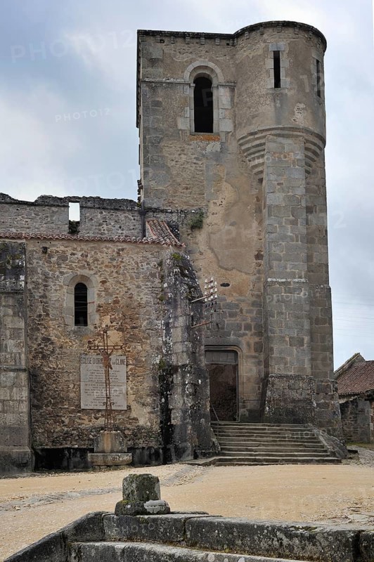 Burnt church. The burnt village of Oradour-sur-Glane was destroyed on 10 June 1944 when 642 of its inhabitants, including woman and children, were massacred by a German Waffen SS company, Limousin, France, Europe