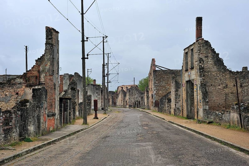 Ruins along the main road The burnt village of Oradour-sur-Glane was destroyed on 10 June 1944 when 642 of its inhabitants, including woman and children, were massacred by a German Waffen SS company, Limousin, France, Europe