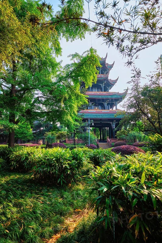 Wangjiang Pavilion in Wangjianglou Park among trees. Chengdu, Sichuan, China, Asia