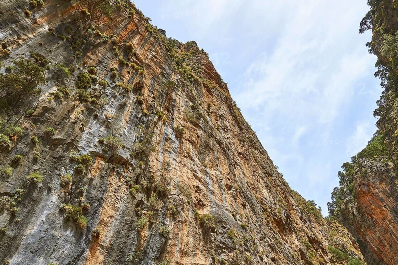 Gorge wall, cloudy blue sky, Samaria Gorge, Omalos, Lefka Ori, White Mountains, West Crete, Island of Crete, Greece, Europe