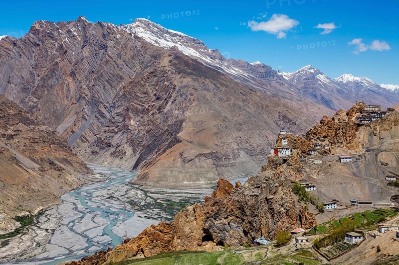 Dhankar monastry perched on a cliff in Himalayas. Dhankar, Spiti Valley, Himachal Pradesh, India, Asia
