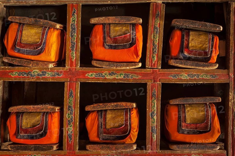 Folios of old manuscripts in library of Thiksey Gompa (Tibetan Buddhist Monastery) . Ladakh, India, Asia