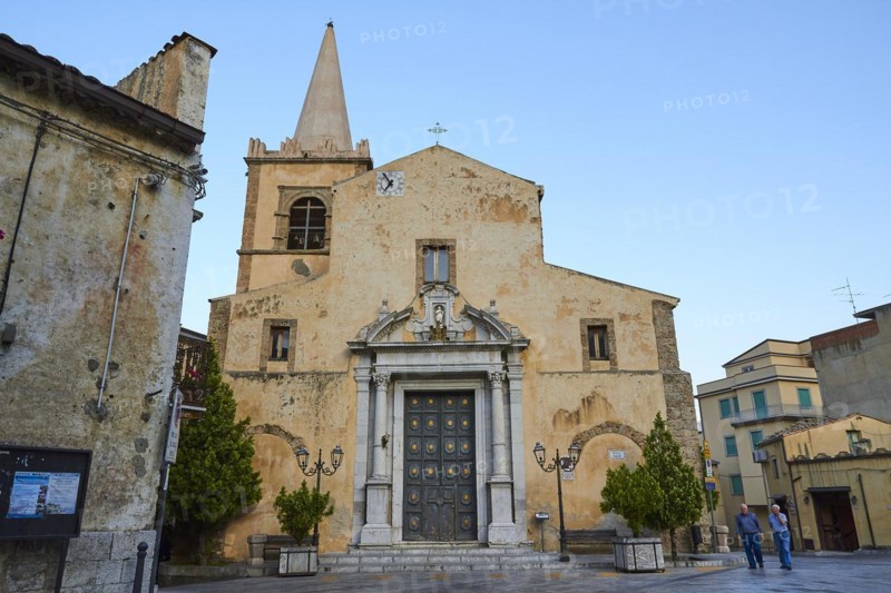 Church, Passers-by, Morning light, Alcara li Fusi, Village, Nebrodi National Park, Sicily, Italy, Europe