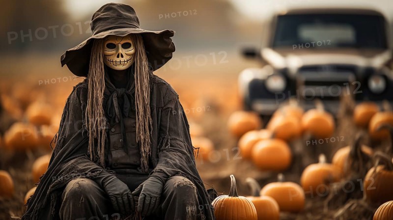 Scary ghostly halloween scarecrow figure sitting amongst the country pumpkin patch, generative AI