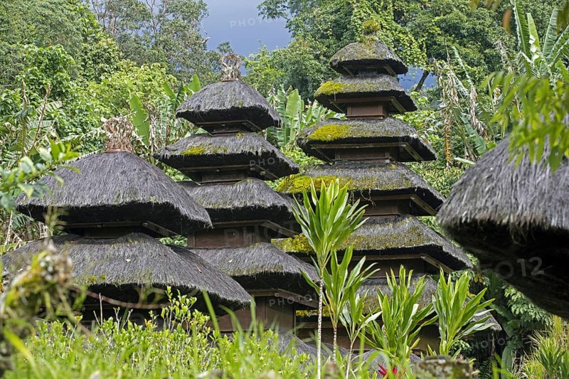 Multi-tiered meru towers at Pura Luhur Batukaru, Hindu temple in Tabanan on southern slope of Mount Batukaru, volcano on the island Bali, Indonesia, Asia