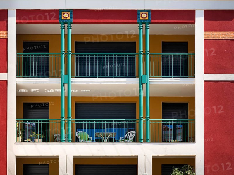 Colourfully decorated facade with balconies, detail, holiday flats, Arcachon, Gironde, Aquitaine, South of France, France, Europe