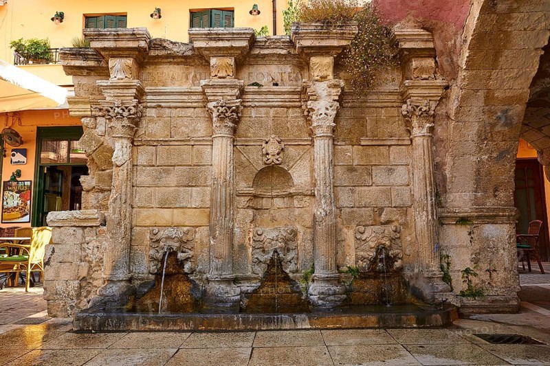 Venetian Old Town, Venetian Lion's Head Fountain, Lion's Heads, Morning Light, Rethimnon, Central Crete, Crete Island, Greece, Europe
