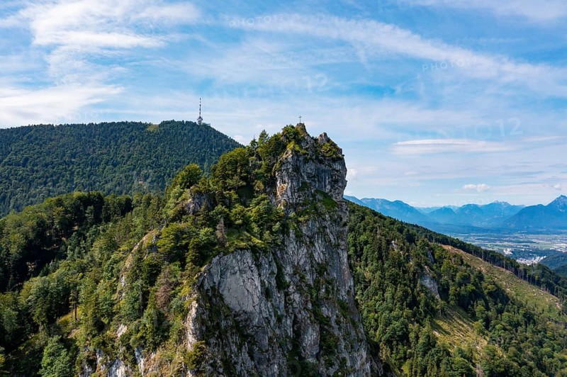 Drone shot, Nockstein with view to Gaisberg, Osterhorngruppe, Flachgau, Land Salzburg, Austria, Europe