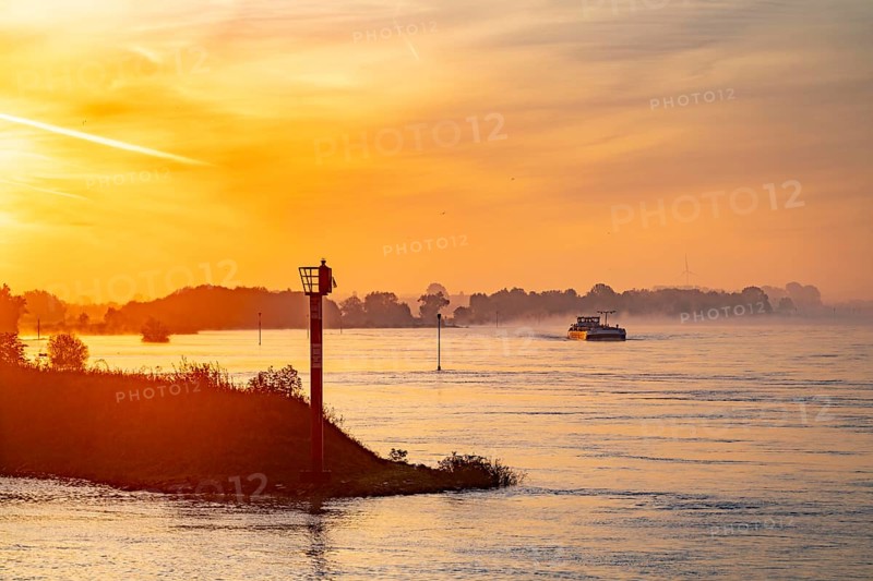 Cargo ships on the Rhine near Emmerich, early morning, sunrise, fog, mist on the river, North Rhine-Westphalia, Germany, Europe