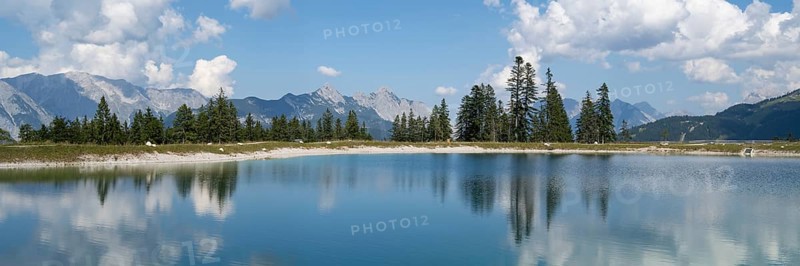 Reservoir pond at Gschwandtkopf, Karwendel Mountains, Alps, Seefeld, Tyrol, Austria, Europe
