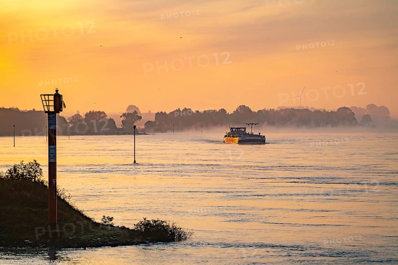 Cargo ships on the Rhine near Emmerich, early morning, sunrise, fog, mist on the river, North Rhine-Westphalia, Germany, Europe