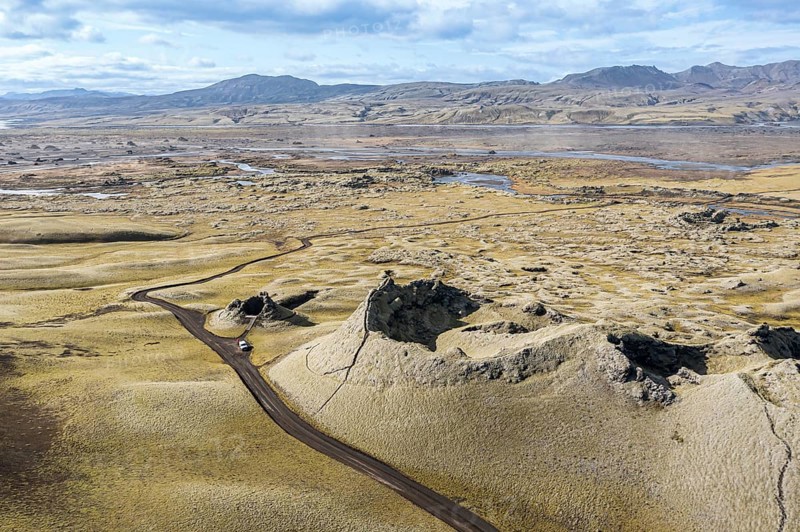Craters of the Laki crater row, top down view, viewing platform, 4x4 car on road F206, Skafta river in the back, Iceland, Europe