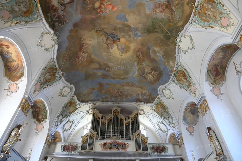 Parish church of St Magdalena, interior, ceiling frescoes, Fürstenfeldbruck, Upper Bavaria, Bavaria, Germany, Europe