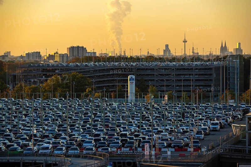 Full car park P2, at Cologne-Bonn Airport, behind car park P3 and the Cologne skyline, North Rhine-Westphalia, Germany, Europe