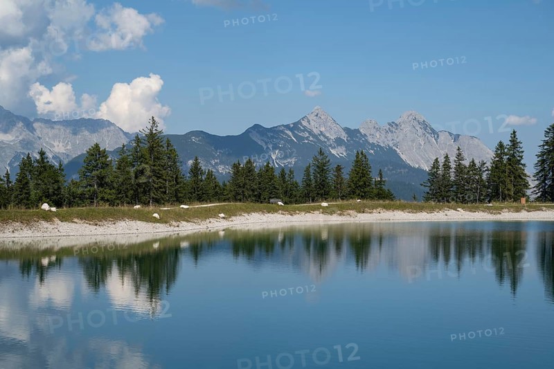 Reservoir pond at Gschwandtkopf, Karwendel Mountains, Alps, Seefeld, Tyrol, Austria, Europe