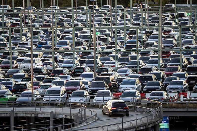 Full car park P2, at Cologne-Bonn Airport, North Rhine-Westphalia, Germany, Europe