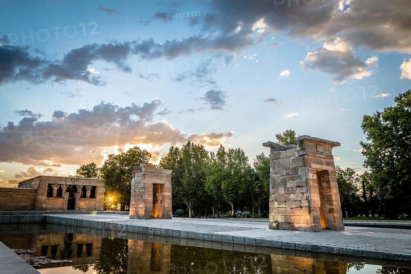 Madrid, Spain, September 27, 2014: Sunset on Temple of Debod. Temple of Debod. It is an Egyptian temple dating back to the 2nd century BC. The temple was donated to Spain by the Egyptian government, Europe