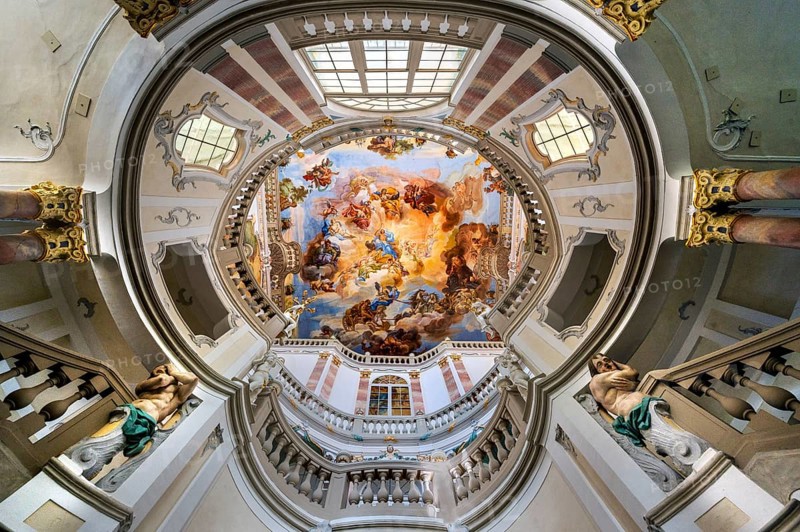 Ceiling fresco in the Baroque staircase from 1723, Wurzach Castle, Bad Wurzach, Allgäu, Baden-Württemberg, Germany, Europe