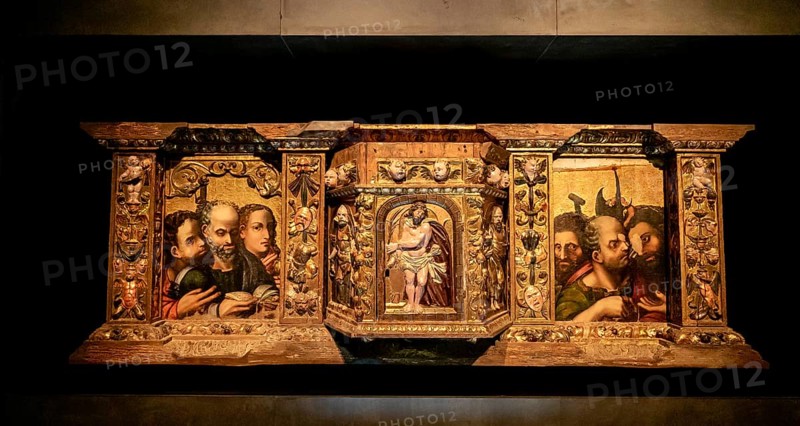 Segovia, Spain, 7 April, 2024: close-up view of a religious triptych painting in the museum of the Episcopal Palace in Segovia, Europe