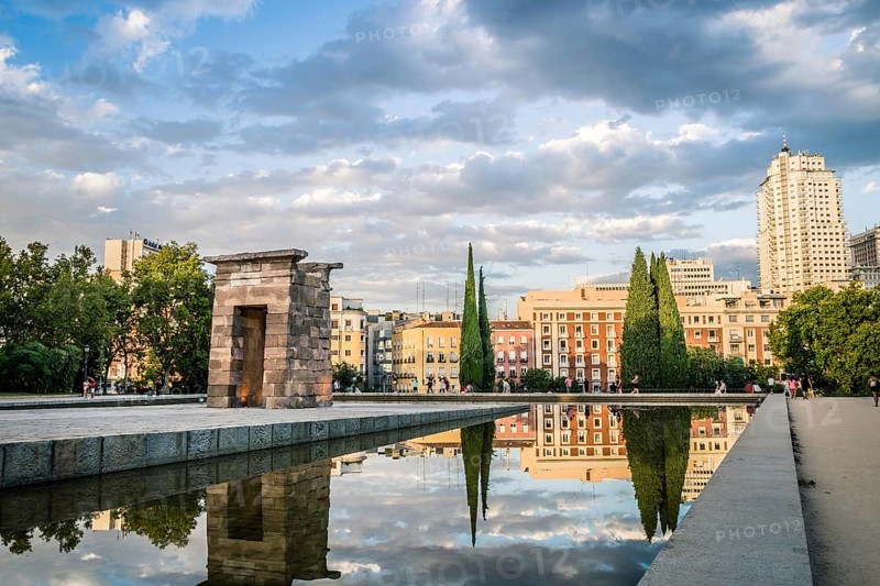 Madrid, Spain, September 27, 2014: Sunset on Temple of Debod. Temple of Debod. It is an Egyptian temple dating back to the 2nd century BC. The temple was donated to Spain by the Egyptian government, Europe