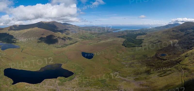 A panorama aerial view of the Mountains of the Central Dingle Peninsula in County Kerry of Ireland