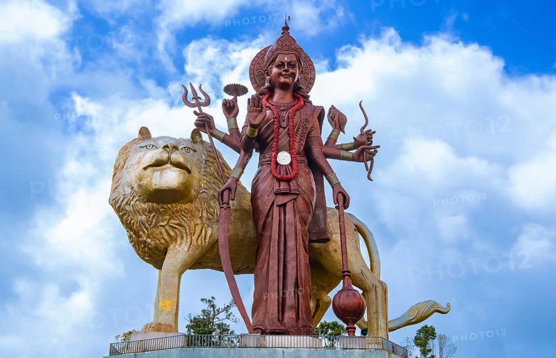 Giant statue of Durga, Hindu temple Ganga Talao, Grand Bassin, Indian Ocean, island, Mauritius, Africa