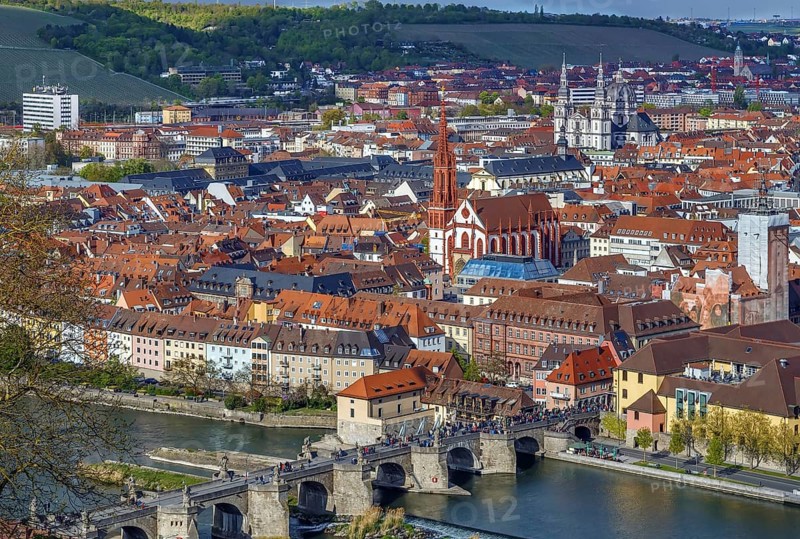 View of historical center of Wurzburg from Marienberg Fortress, Germany, Europe