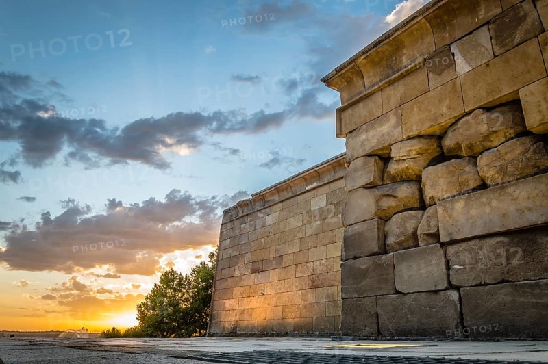 Madrid, Spain, September 27, 2014: Sunset on Temple of Debod. Temple of Debod. It is an Egyptian temple dating back to the 2nd century BC. The temple was donated to Spain by the Egyptian government, Europe