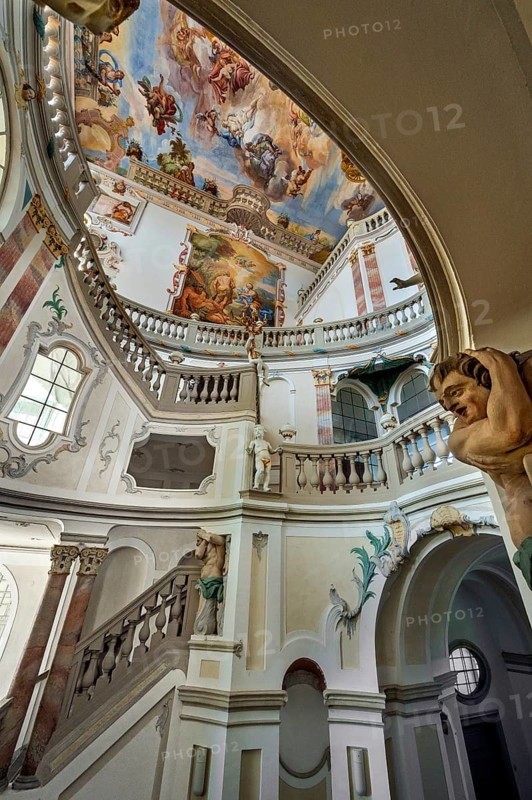 Frescoes in the Baroque staircase from 1723, Wurzach Castle, Bad Wurzach, Allgäu, Baden-Württemberg, Germany, Europe