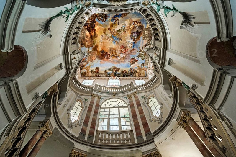 Ceiling fresco in the Baroque staircase from 1723, Wurzach Castle, Bad Wurzach, Allgäu, Baden-Württemberg, Germany, Europe