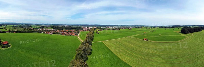Aerial view of Lindenallee in Marktoberdorf with a view of the historic castle. Marktoberdorf, Ostallgäu, Swabia, Bavaria, Germany, Europe