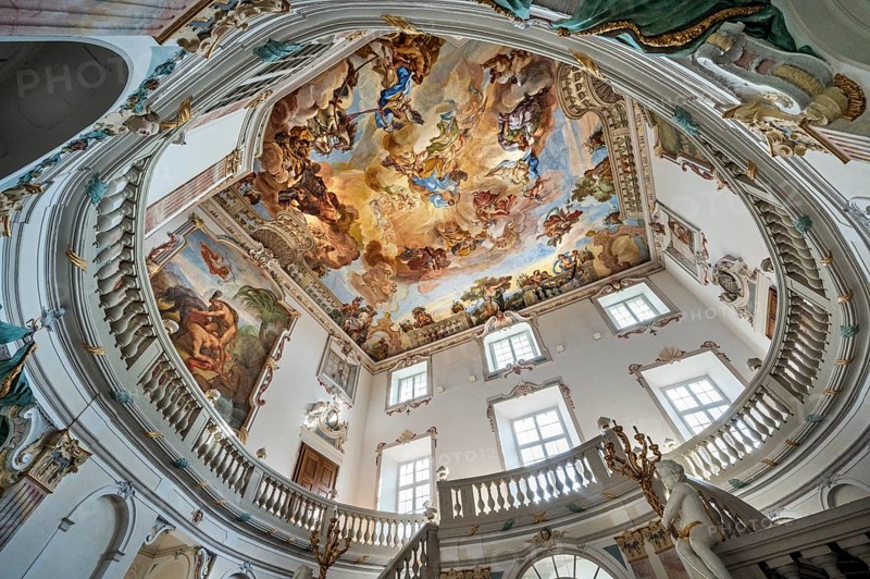 Ceiling fresco in the Baroque staircase from 1723, Wurzach Castle, Bad Wurzach, Allgäu, Baden-Württemberg, Germany, Europe