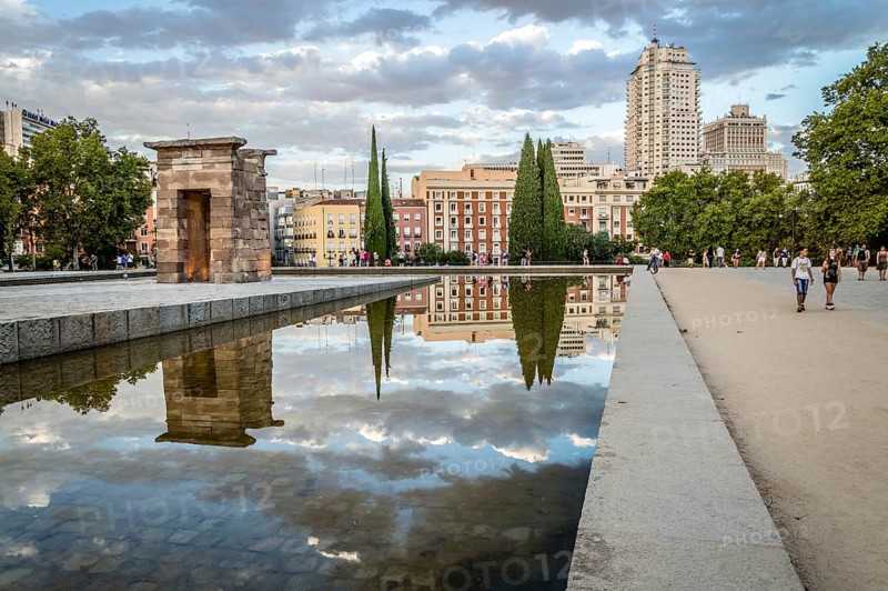 Madrid, Spain, September 27, 2014: Sunset on Temple of Debod. Temple of Debod. It is an Egyptian temple dating back to the 2nd century BC. The temple was donated to Spain by the Egyptian government, Europe