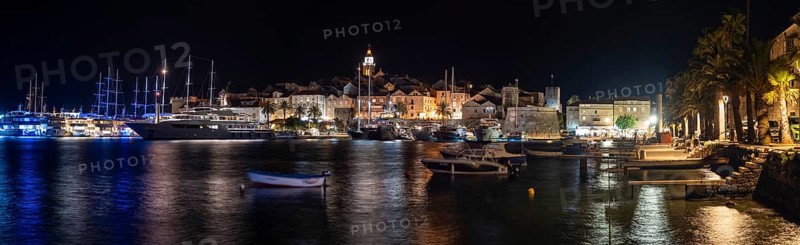 Ships in the harbour, Night shot, Panorama shot, Korcula, Island of Korcula, Dalmatia, Croatia, Europe