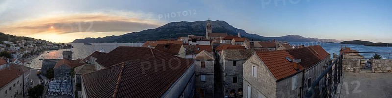 Evening mood in front of sunset, old town of Korcula, panoramic shot, island of Korcula, Dalmatia, Croatia, Europe