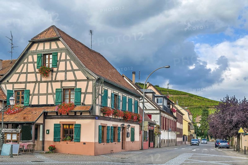 Street with historical houses in Ribeauville, Alsace, France, Europe