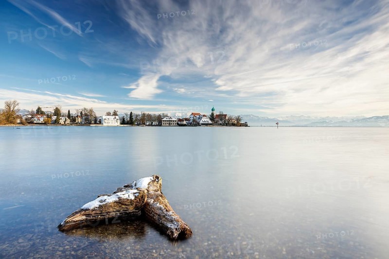 A peaceful lake with a log in the foreground with picturesque St George's Church on the lakeshore in front of snow-covered Pfänder on a clear winter's day, moated castle, Lake Constance, Bavaria, Germany, Europe
