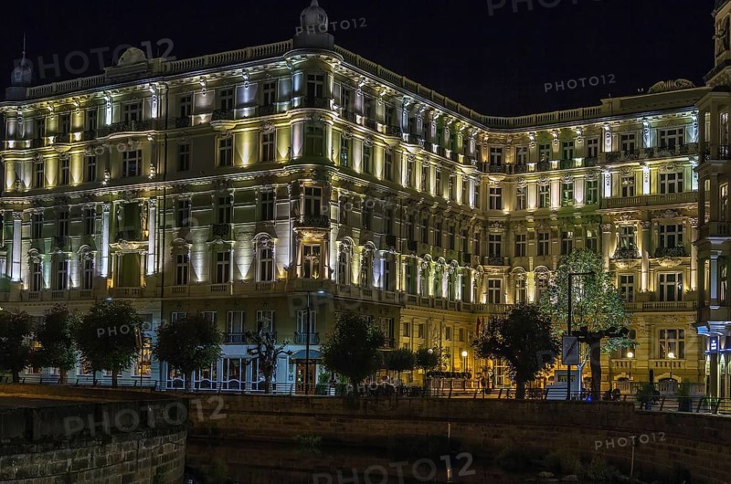 The Grandhotel Pupp is luxury hotel located in Karlovy Vary in evening, Czech Republic, Europe