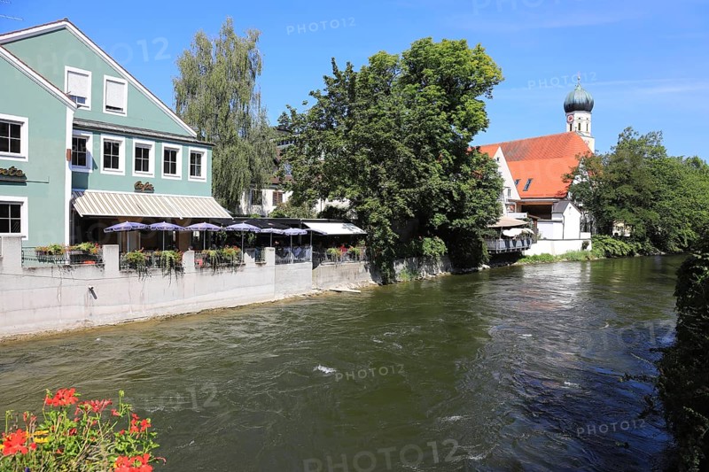 View over the Amper river to St, Magdalena church, Fürstenfeldbruck, Upper Bavaria, Bavaria, Germany, Europe
